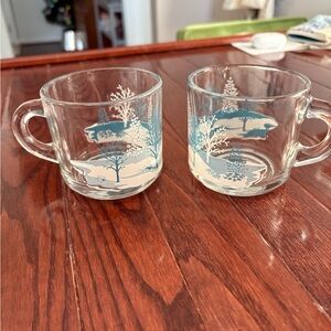 Pair of Anchor Hocking Clear Glass Blue White Holiday Winter Tree Mugs
